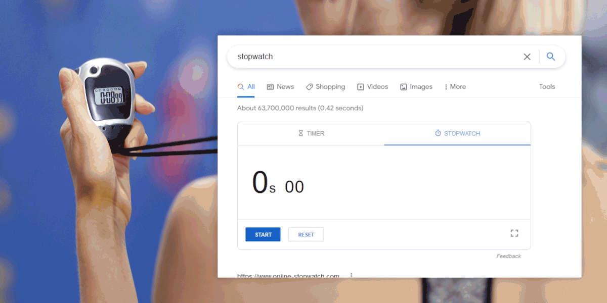 GIF animated image of Google stopwatch and timer, with the user moving the cursor arrow to start and stop the timer.