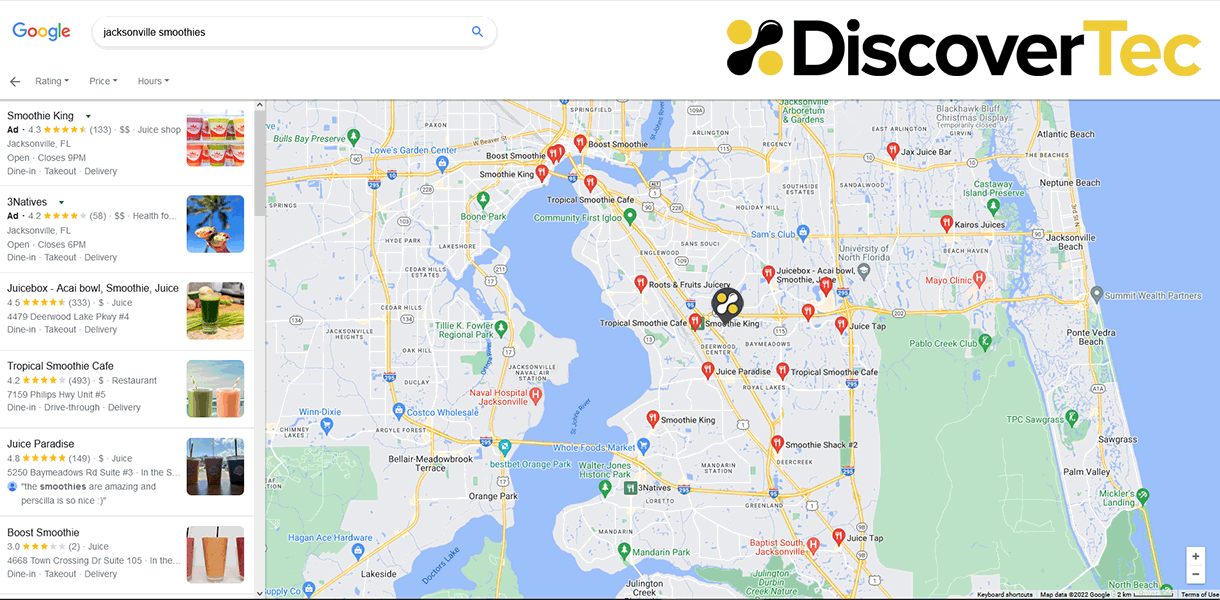 Screen capture of a Google Maps search for Jacksonville smoothies