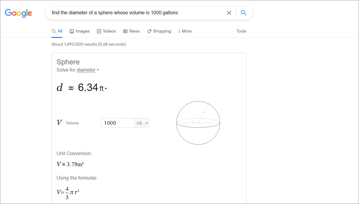 Screen capture of Google Geometry Calculator, showing the diameter of a sphere (d ≈ 6.34 ft) if it has a volume of 1000 U.S. gallons.