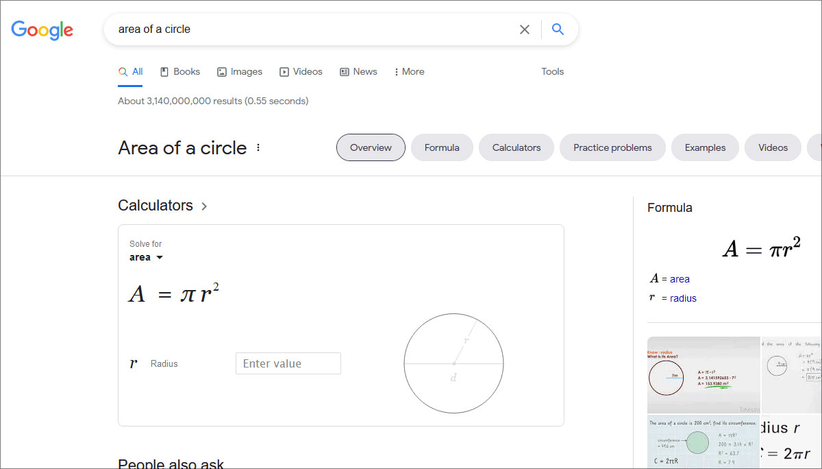 Screen capture image of Google Geometry Calculator showing the formula.