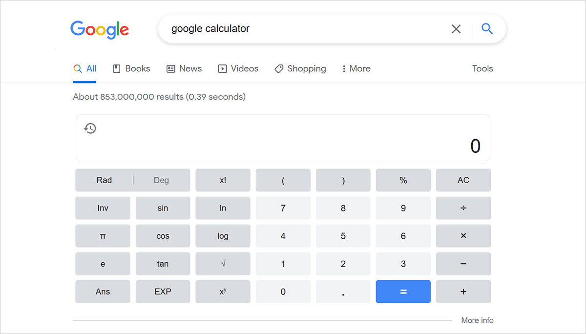 Screen capture of the Google Calculator tool.