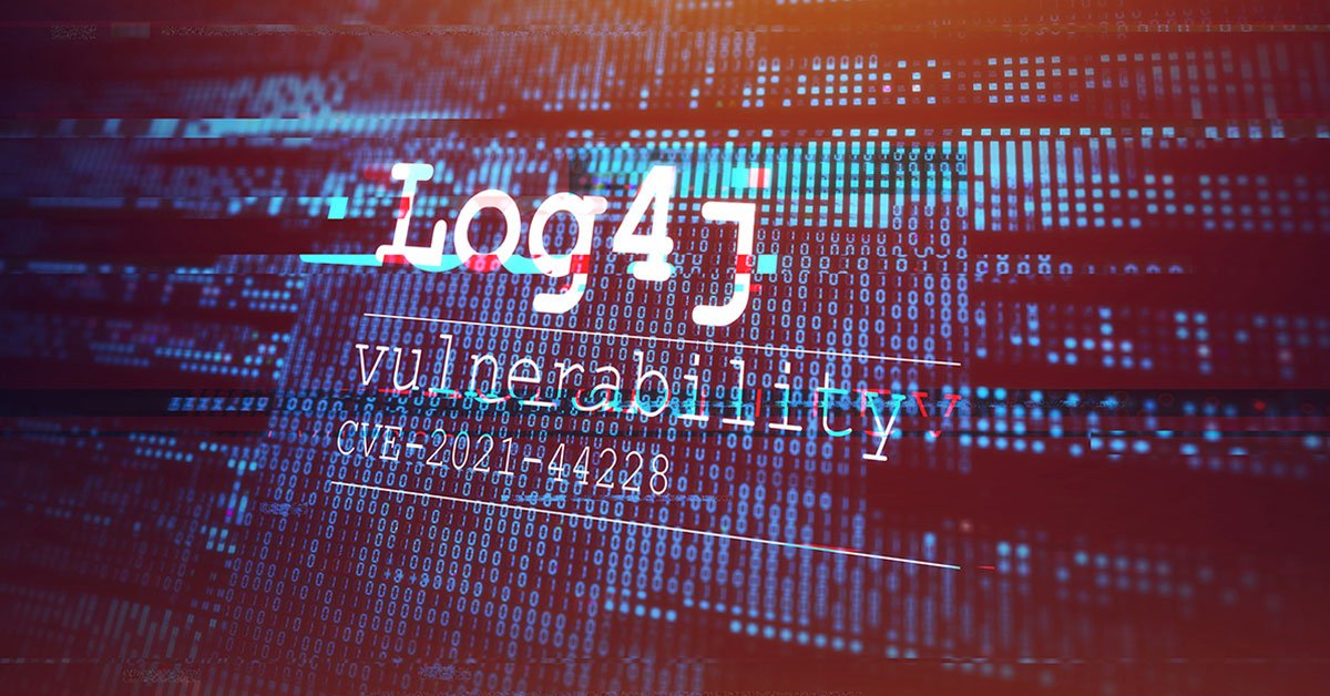 Illustration of simulated computer program code, overlayed with text reading: Log4J vulnerability CVE-2021-44228