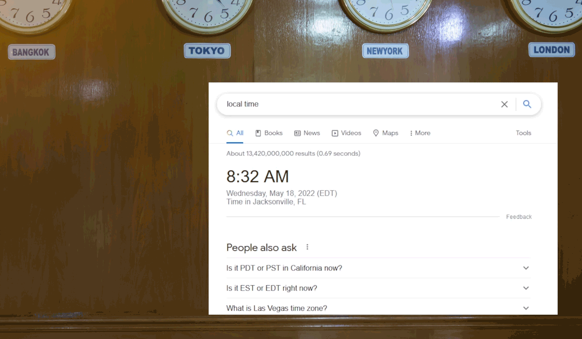 GIF animated image of Google local time conversion, with different locations being entered into text field to adjust the time shown.