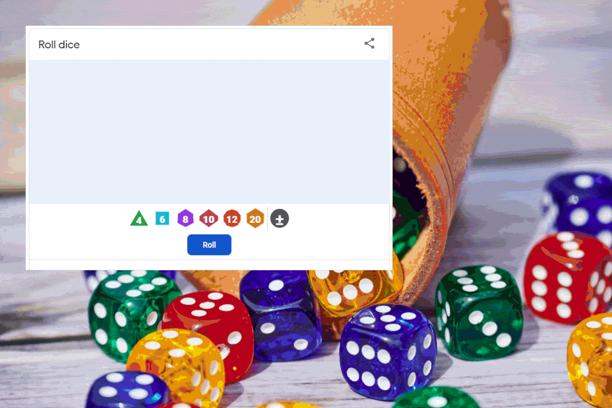 GIF animated image of Google dice roll, with the user moving the cursor arrow to change the number of dice, value of each die, and add a modifier.