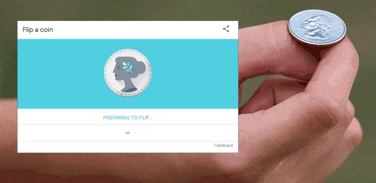 GIF animated image of Google Flip A Coin, with the user moving the cursor arrow to re-flip several times.