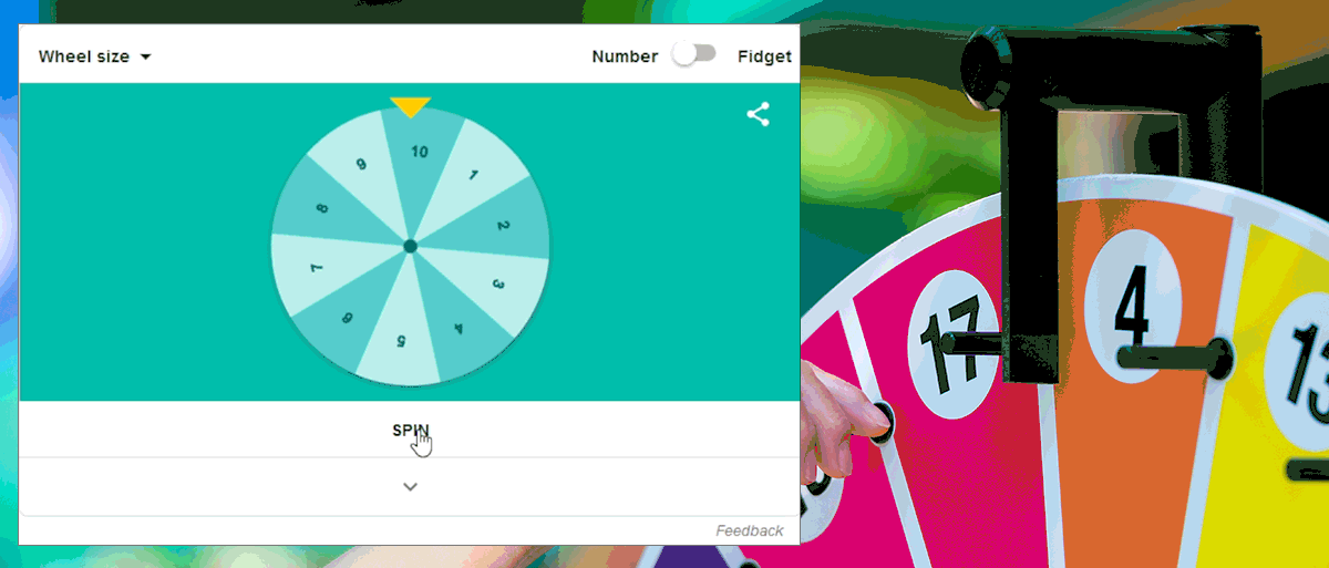 GIF animated image of Google Spinner, with the user moving the cursor arrow to spin several times, change the number of segments, and change modes between regular wheel and fidget spinner.