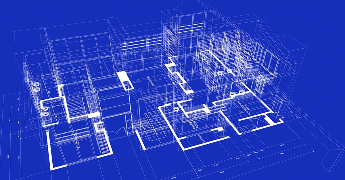 Illustration of layered building construction, projecting upward from a 2-D blueprint drawing to a 3-D orthographic wireframe structure.
