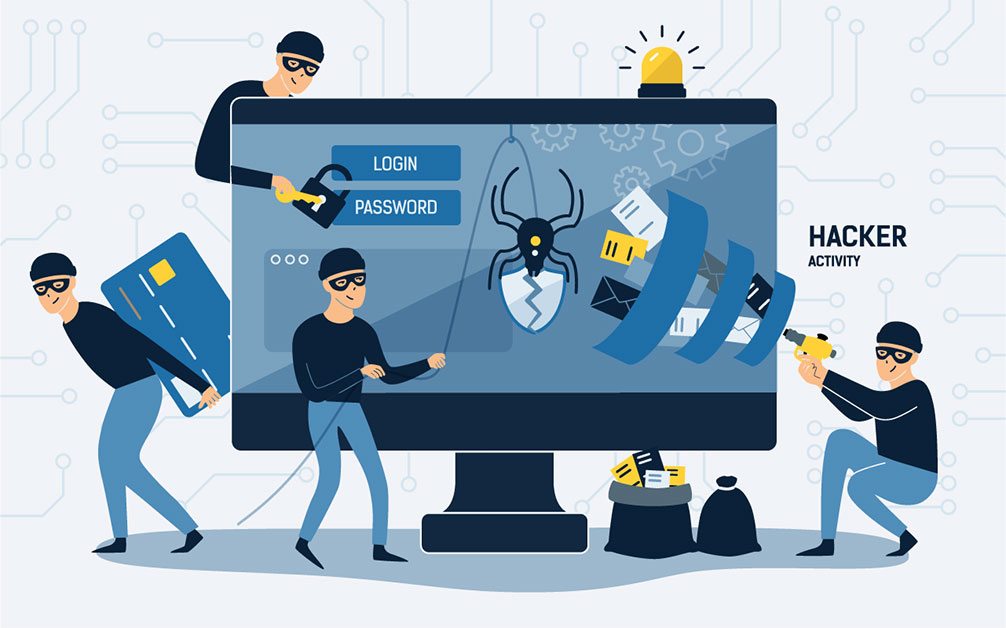 Illustration showing hackers breaking into a computer and accessing its secure data.