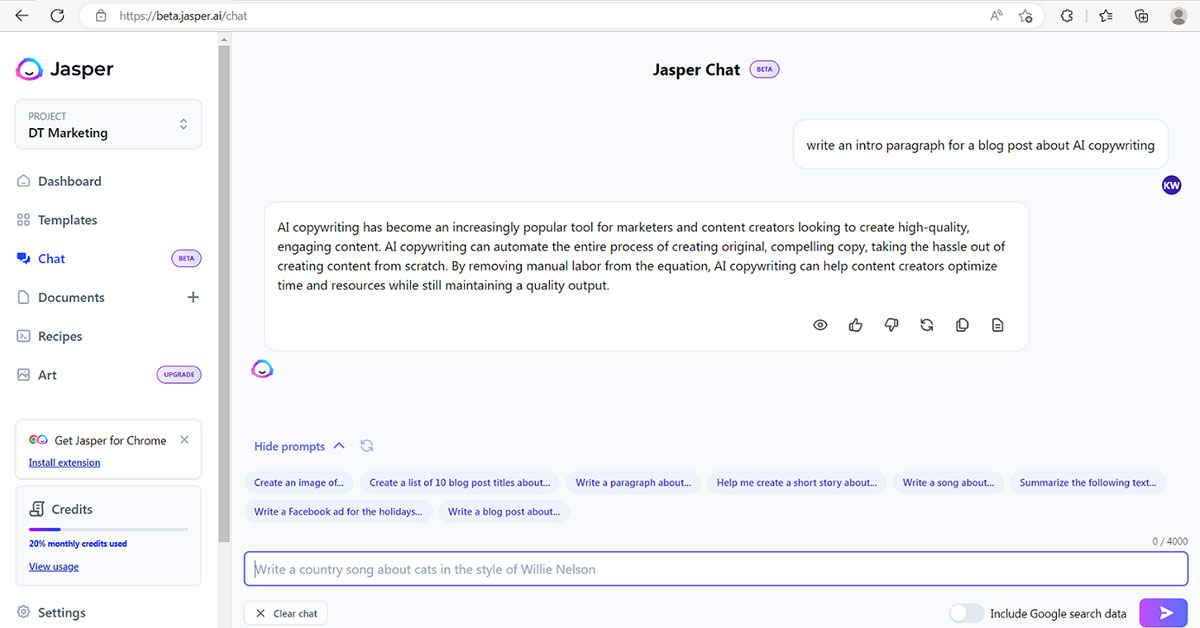 Screenshot of Jasper AI chat feature, showing a prompt for Jasper to write an introductory blog paragraph