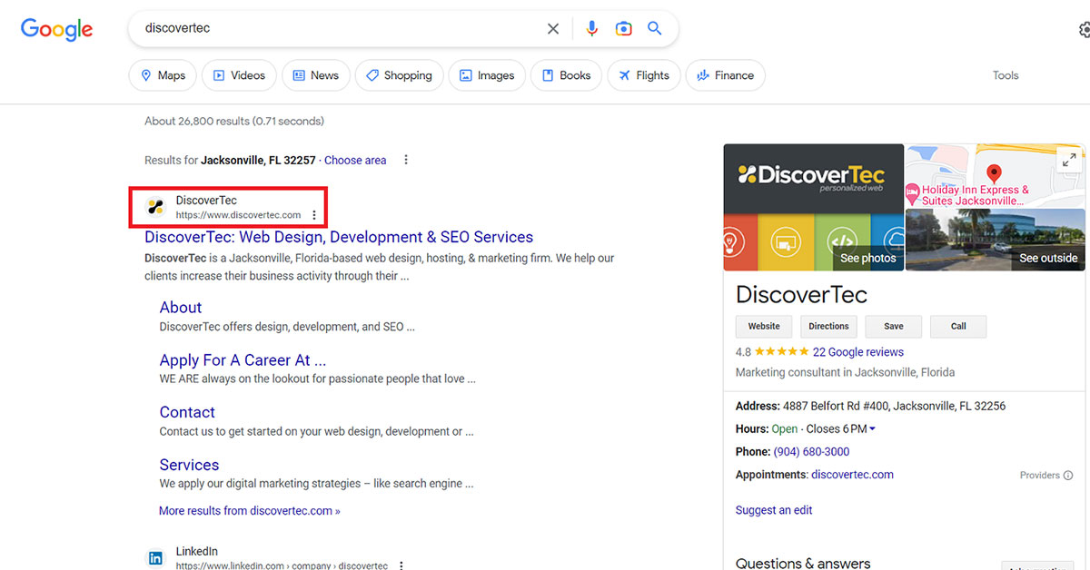 Screenshot of Google Search Results Page displaying the top result for search term 'DiscoverTec.' A red box is around the logo and business name of the top result.