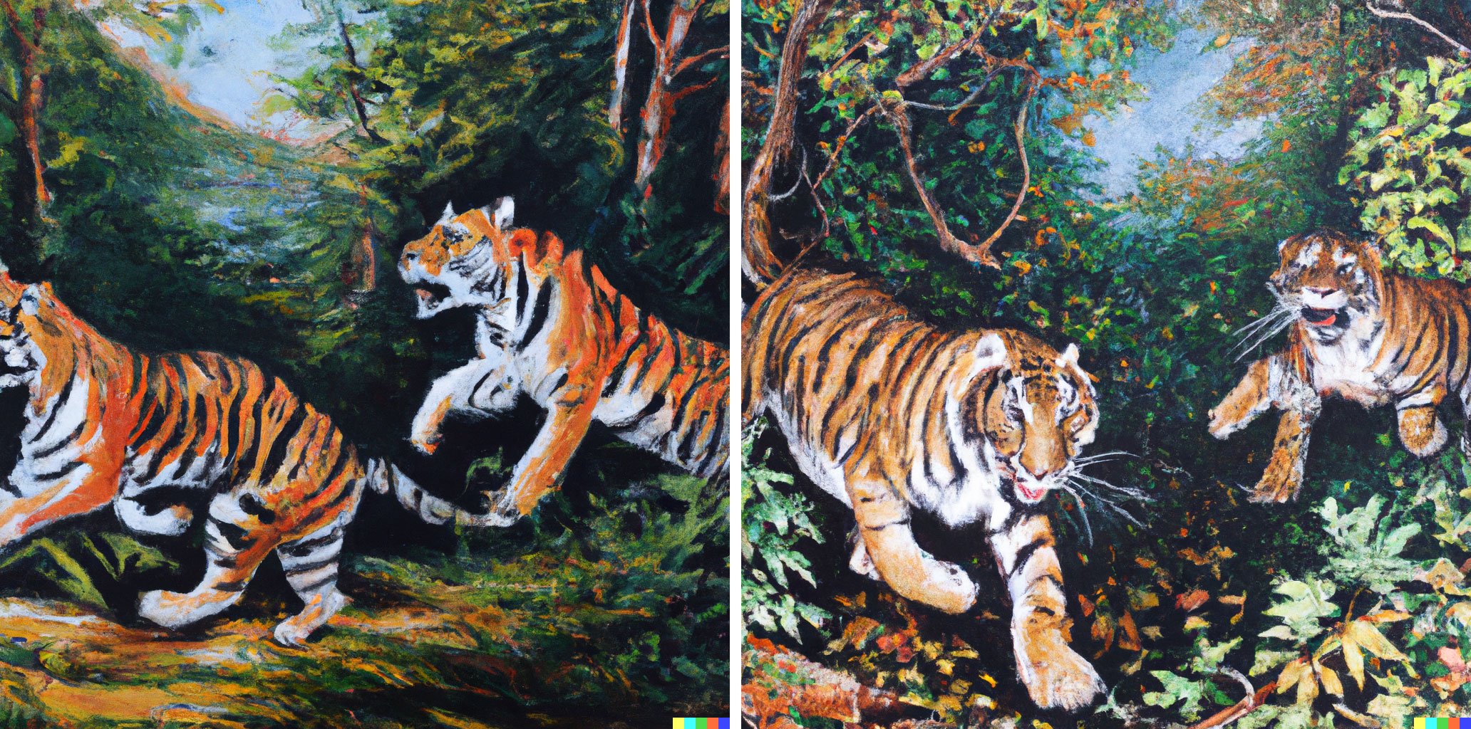 Two AI-generated images of two tigers running through the jungle, depicted as a realist painting.