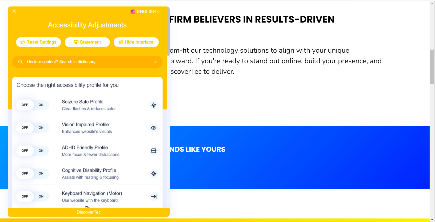 Screenshot of an accessibility widget on the DiscoverTec website homepage, allowing users to customize certain features to better accommodate their unique needs.