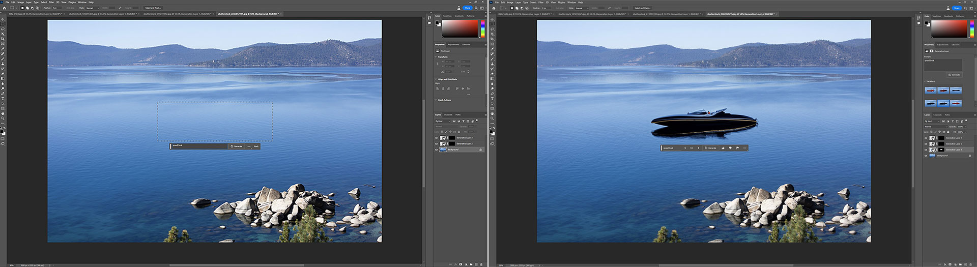 Two side-by-side images in Photoshop of a still lake with mountains in the distance showing the before and after of using Generative Fill to add in a speed boat atop the lake.