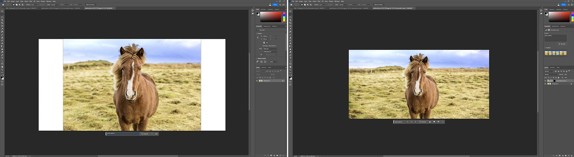 Two side-by-side images in Photoshop of an Icelandic brown horse in a field showing the before and after of using Generative Fill to extend the original image on either side of the horse.