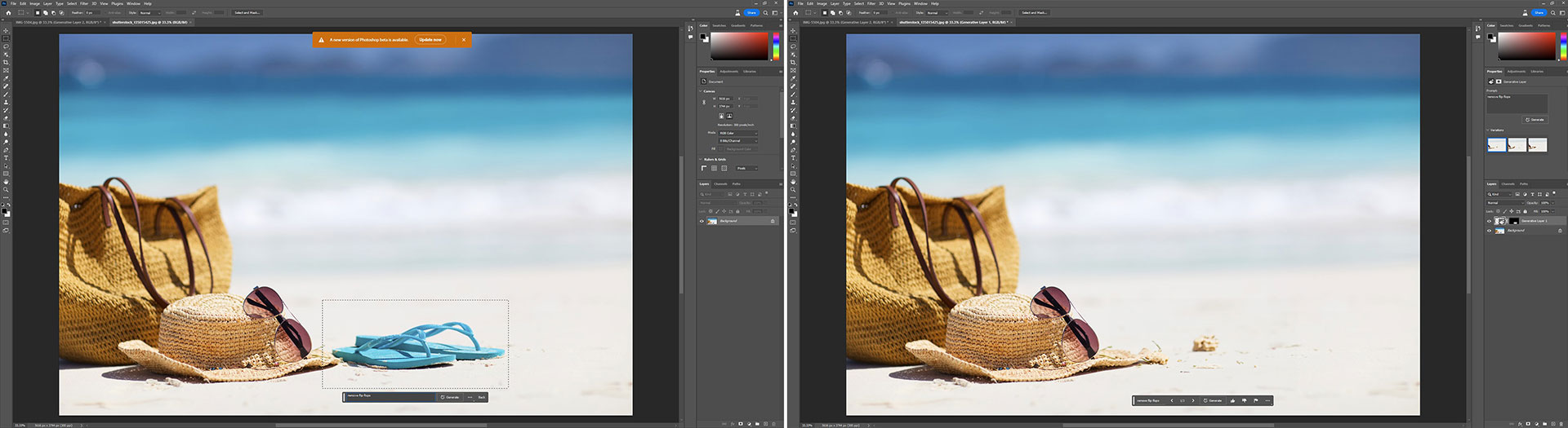Two side-by-side images in Photoshop of items on a sandy beach showing the before and after of using Generative Fill to remove the flipflops from the image.